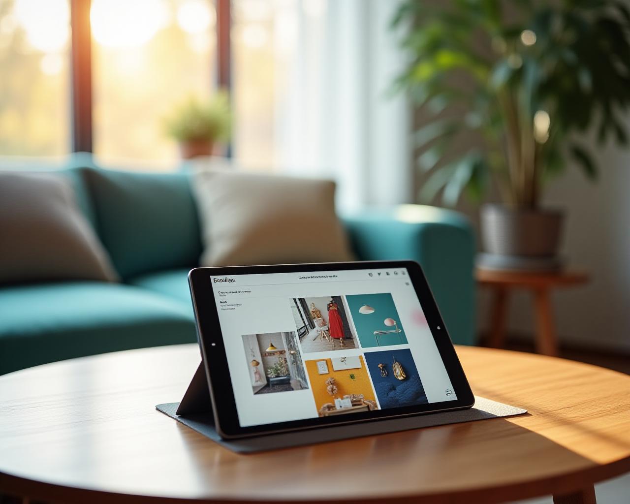 Interno casa confortevole con tablet che mostra moodboard